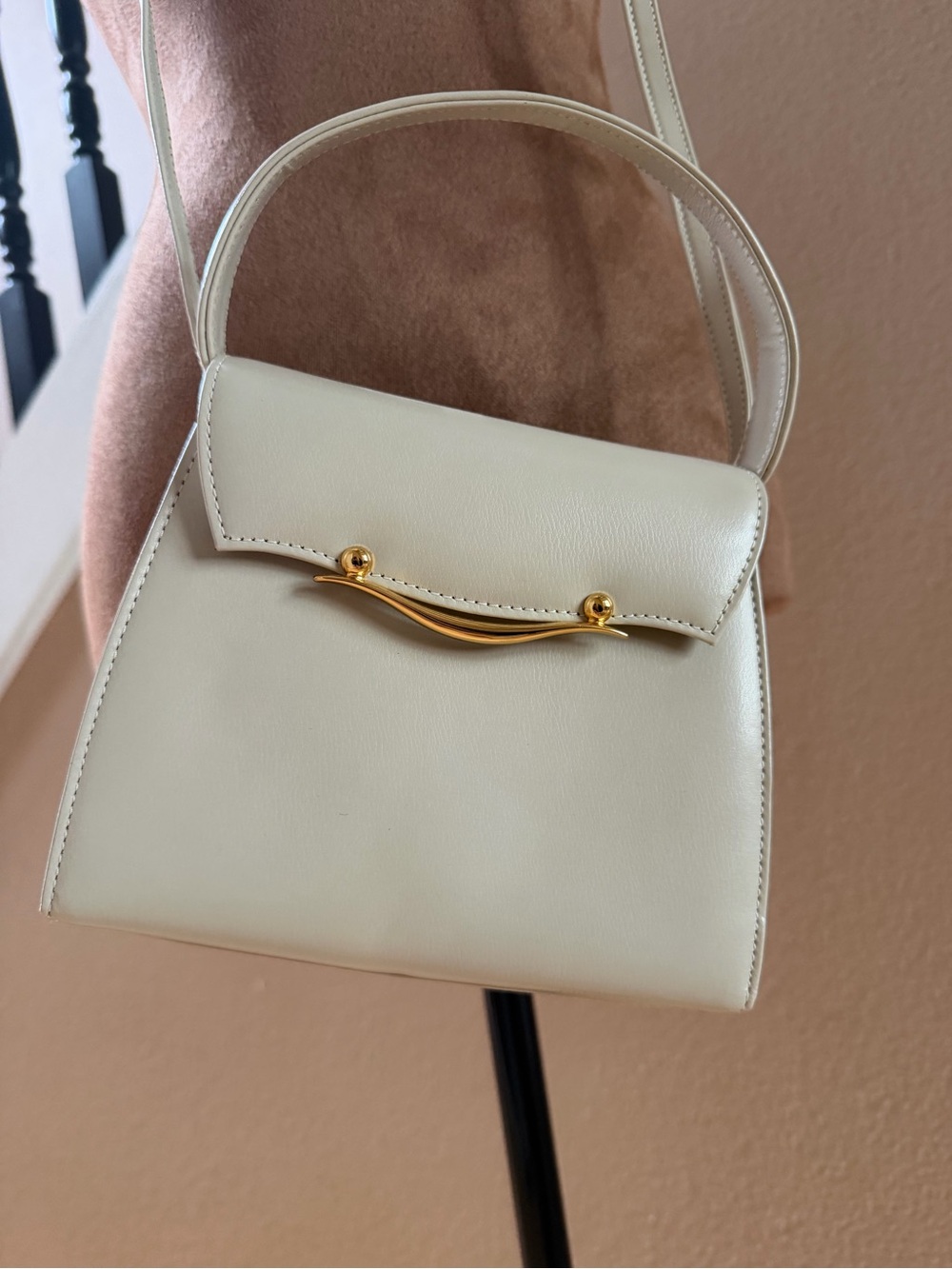 Pierre Balmain Cream Mini Two Way Bag with Gold Accent